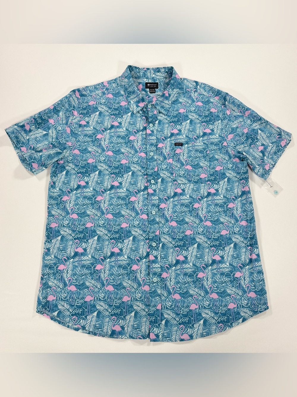 Matix Mens 2XL Flamingo Tropical Print Short Sleeve Button Down Shirt Blue NWOT